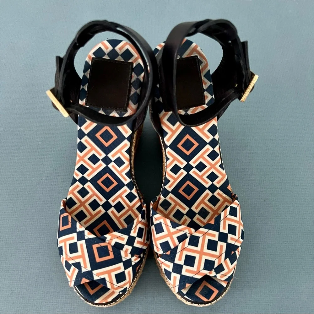 Tory Burch Criss Cross Blue & Orange Canvas Espadrille Jute Wedge Sandals‎